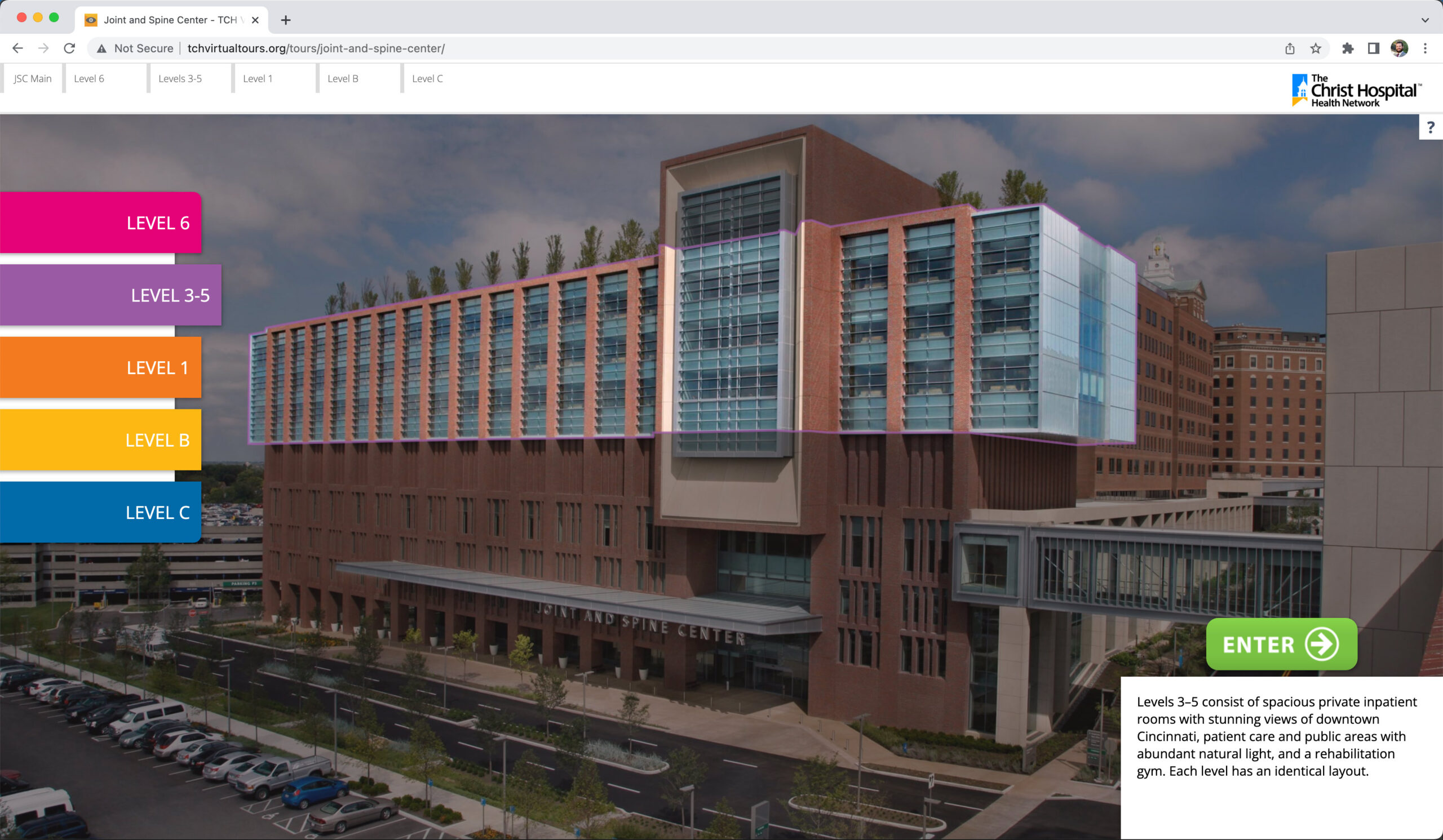 screenshot of The Christ Hospital's Joint and Spine Center Virtual Tour, found at tchvirtualtours.org/jsc-tour