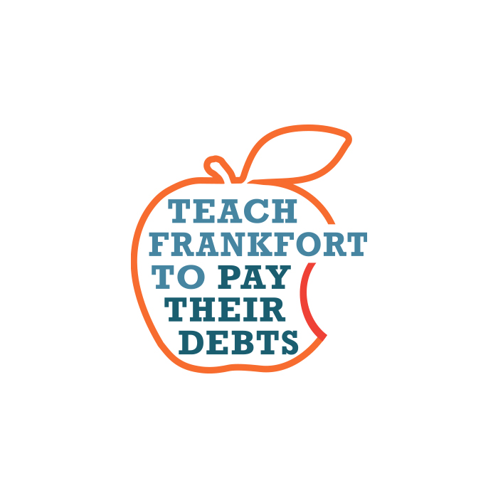 logo for Teach Frankfort to Pay Their Debts. Design is text enclosed by an apple outline that has a bite taken out