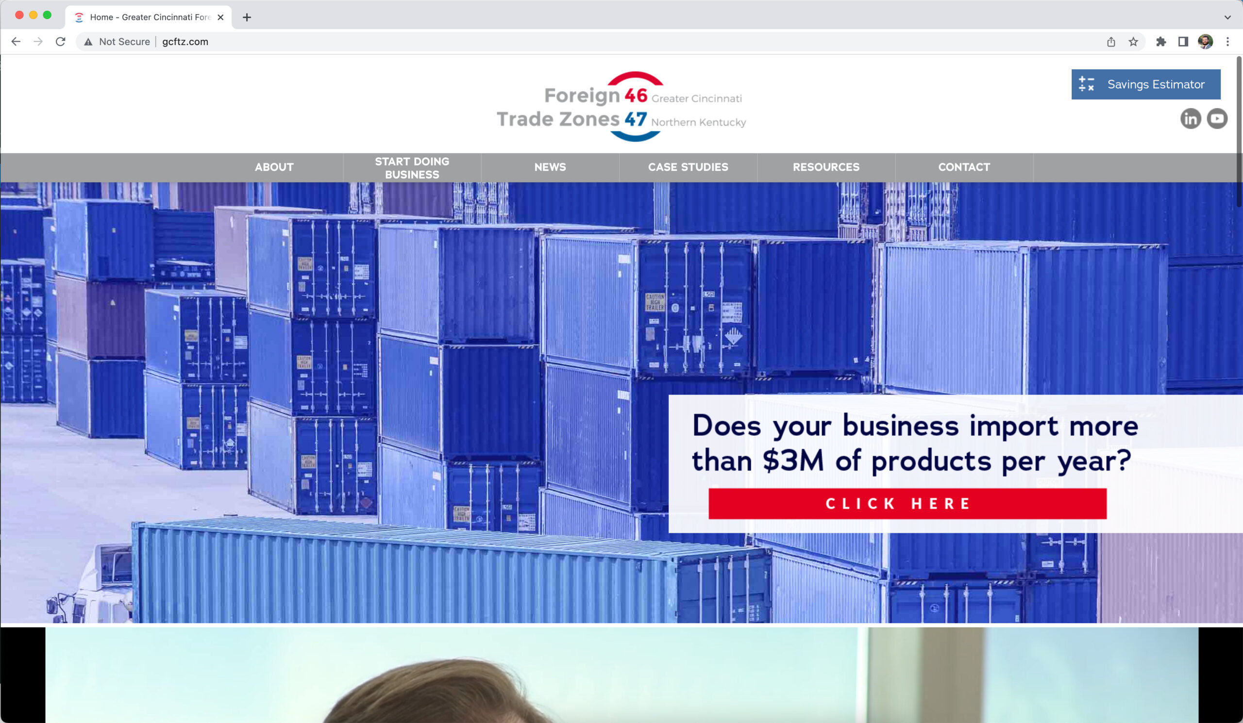 screenshot of Greater Cincinnati Foreign Trade Zone website at full computer screen size
