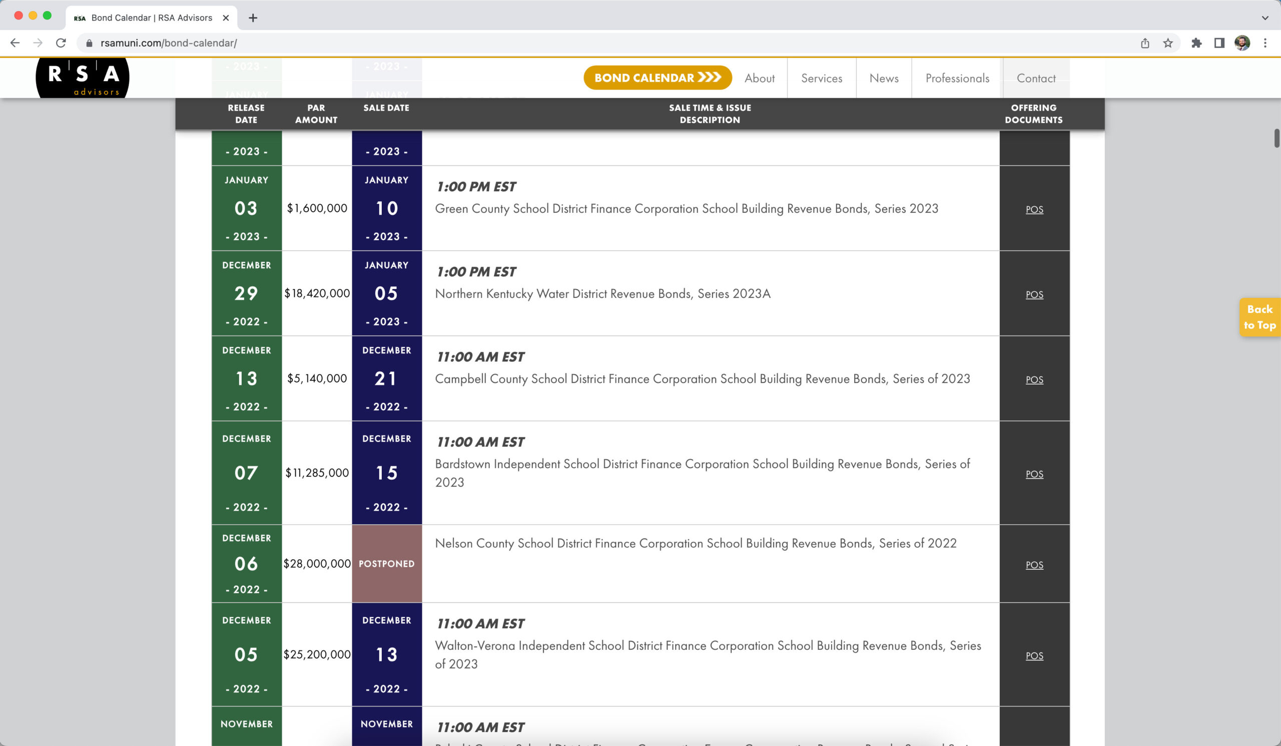 screenshot of RSA Advisors website Bond Calendar page at full computer screen size